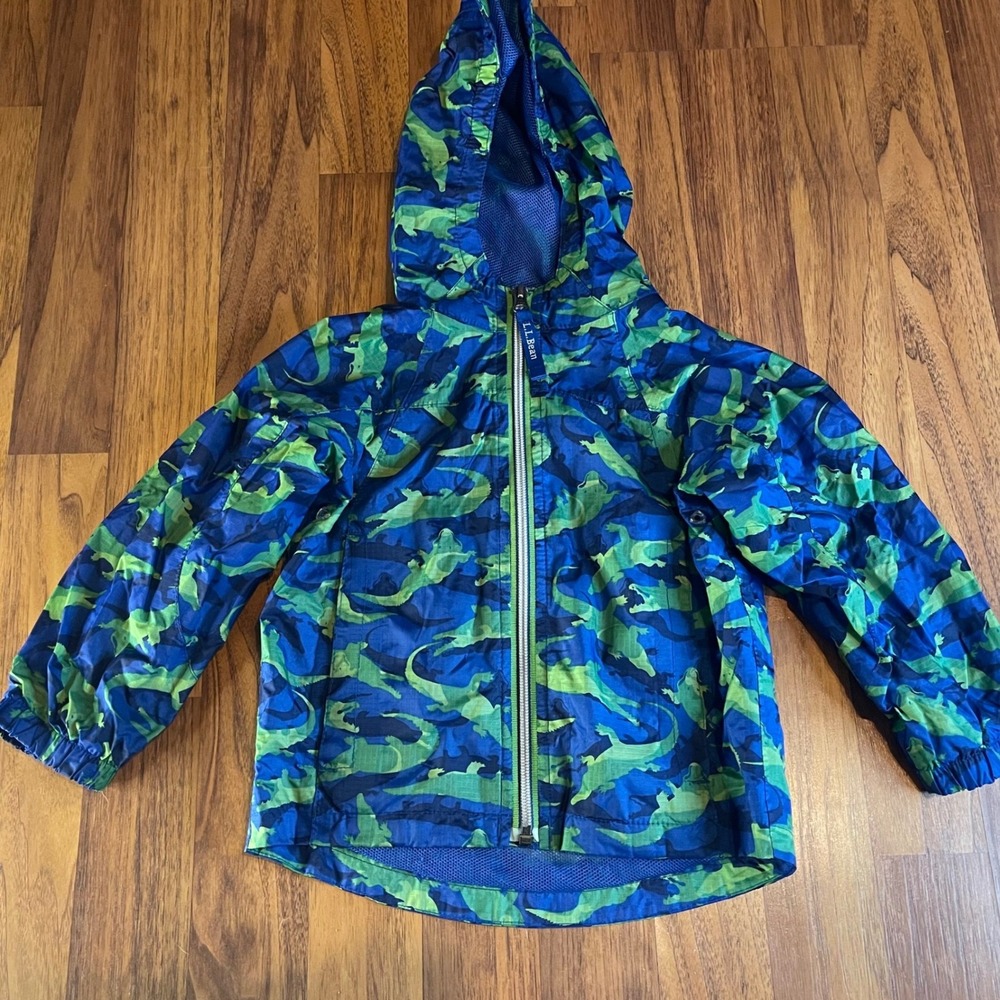 LL Bean Boys 3T Alligator Camo Windbreaker Jacket Blue Green Ripstop Nylon Hood